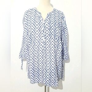 St. John’s Bay 1X Blue White Chevron Print Cotton Tunic Blouse Tie Sleeve Boho
